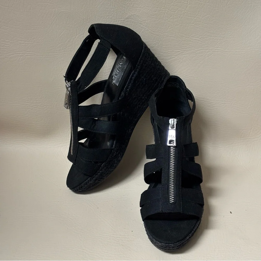 Ralph Lauren Kelcie Fabric Open Toe Casual Espadrille Wedge Sandals  Blk Sz 9